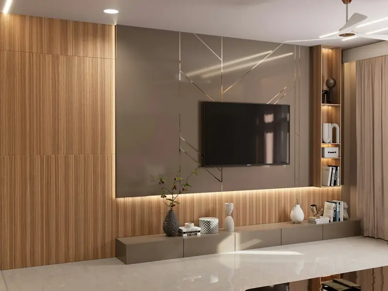 Painel de TV em madeira com iluminação embutida
