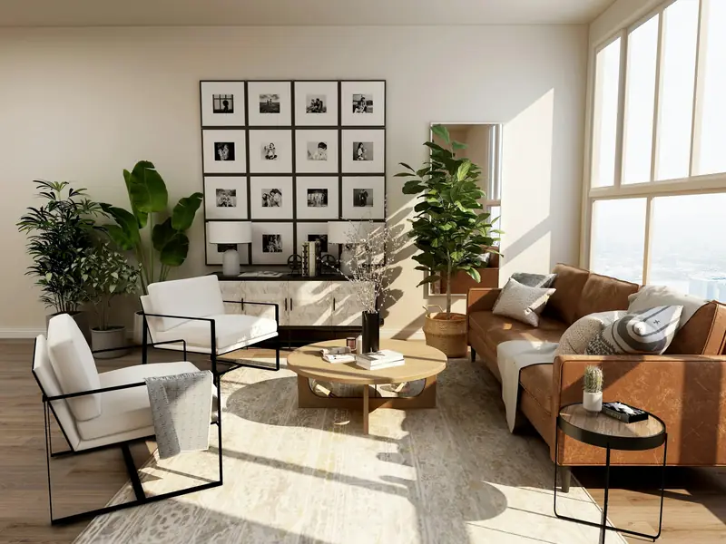 Sala de estar com marcenaria clara, poltronas e sofá de couro