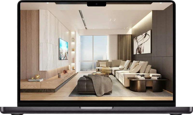 Notebook exibindo uma sala com painel de TV e marcenaria sob medida